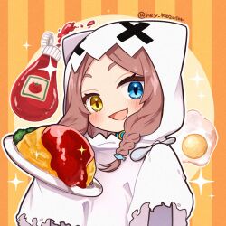 Rule 34 | 1girl, blue eyes, blush, braid, egg (food), fish hair ornament, food, fried egg, hair ornament, heterochromia, hey kouzesan, highres, holding, holding spoon, indie virtual youtuber, ketchup, long hair, omelet, omurice, open mouth, outline, plate, shadow, smile, solo, sparkle, spoon, white outline, yellow eyes, yuduki miya