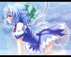 Rule 34 | 1girl, all fours, barefoot, bdsm, chain, cirno, collar, cum, cum string, etogami kazuya, letterboxed, profile, pussy juice, solo, touhou, touhou hisoutensoku, zoom layer