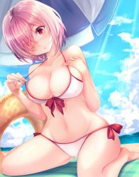 Rule 34 | 1girl, adapted costume, bikini, blush, breasts, cleavage, day, fate/grand order, fate (series), hair over one eye, haruka natsuki, innertube, large breasts, looking at viewer, mash kyrielight, mash kyrielight (swimsuit of perpetual summer), navel, official alternate costume, outdoors, parted lips, pink bikini, pink eyes, pink hair, short hair, side-tie bikini bottom, sitting, solo, swim ring, swimsuit, wariza, white bikini