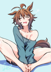 Rule 34 | 1girl, agnes tachyon (umamusume), animal ears, ant, bare legs, barefoot, breasts, brown hair, bug, cleavage, closed eyes, drooling, facing viewer, furrowed brow, head tilt, highres, hori shin, horse ears, horse girl, horse tail, insect, knees apart feet together, long hair, long sleeves, medium breasts, mouth drool, open mouth, short shorts, shorts, sitting, sleepy, soles together, solo, straight-on, sweater, tail, toes, umamusume