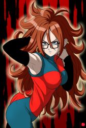Rule 34 | 1girl, android 21, arm warmers, armpits, artist request, ass, big hair, black-framed eyewear, blue eyes, breasts, brown hair, curly hair, dragon ball, dragon ball fighterz, dress, earrings, female focus, glasses, hand in own hair, highres, hip focus, hoop earrings, jewelry, long hair, multicolored clothes, multicolored dress, solo