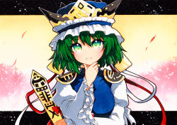 Rule 34 | 1girl, asymmetrical hair, bad id, bad pixiv id, blouse, blue vest, breasts, frilled hat, frills, green eyes, green hair, hat, long sleeves, qqqrinkappp, rod of remorse, shiki eiki, shirt, short hair, small breasts, solo, touhou, traditional media, vest, white shirt, wide sleeves