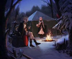 Rule 34 | 1boy, 3girls, absurdres, alina (arknights), animal ears, antlers, arknights, ascot, black ascot, black cape, black dress, black footwear, black legwear, boots, campfire, cape, crate, cup, dated, deer antlers, deer ears, deer girl, dragon girl, dragon horns, dragon tail, dress, flag, frostnova (arknights), grey eyes, grey hair, hair intakes, happy new year, highres, holding, holding cup, horns, looking at viewer, mug, multiple girls, new year, outdoors, panana, patriot (arknights), pine tree, plant, planted, planted sword, planted weapon, reunion logo (arknights), shirt, sitting, sleeping, smile, snow, socks, sword, tail, talulah (arknights), talulah the fighter (arknights), tent, tree, twilight, w, weapon, white shirt