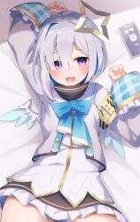 Rule 34 | 1girl, amane kanata, bow, bowtie, fragir, grey hair, hololive, long sleeves, looking at viewer, lying, open mouth, purple eyes, short hair, smile, solo, virtual youtuber, wings