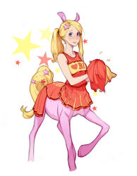 Rule 34 | 1girl, animal ears, bare shoulders, blonde hair, blue eyes, blush, centaur, cheerleader, closed mouth, commentary, embarrassed, horse ears, looking at viewer, materclaws, monster girl, original, pleated skirt, pom pom (cheerleading), red shirt, red skirt, shirt, skirt, sleeveless, sleeveless shirt, solo, star (symbol), taur, twintails