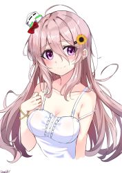 Rule 34 | 1girl, alternate costume, breasts, cleavage, commentary request, dress, flower, hair flower, hair ornament, hairclip, hat, highres, kantai collection, looking at viewer, medium breasts, mini hat, pola (kancolle), purple eyes, sazamiso rx, signature, silver hair, simple background, smile, solo, spaghetti strap, sunflower, sunflower hair ornament, thick eyebrows, tilted headwear, upper body, wavy hair, white background, white dress
