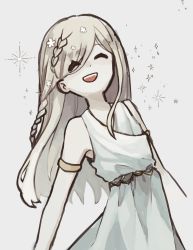 Rule 34 | 1boy, blonde hair, braid, dnuatun, dress, elden ring, closed eyes, flower, highres, long hair, male focus, miquella (elden ring), open mouth, pale skin, simple background, smile, solo, trap, very long hair
