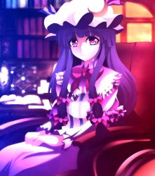 Rule 34 | 1girl, bow, capelet, chair, colorful, hair bow, hair ornament, hat, highres, kotaroukuroo, long hair, long sleeves, looking at viewer, mob cap, patchouli knowledge, pink eyes, purple hair, sitting, solo, touhou
