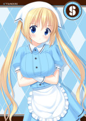 Rule 34 | 1girl, apron, argyle, argyle background, argyle clothes, blend s, blonde hair, blue background, blue eyes, blue shirt, blush, breasts, buttons, collared dress, cowboy shot, crossed arms, dress, embarrassed, frilled apron, frills, gloves, hair between eyes, head scarf, hinata kaho, hinata keiichi, large breasts, long hair, looking at viewer, shirt, short dress, short sleeves, solo, stile uniform, twintails, uniform, waist apron, waitress, white apron, white gloves, white headwear