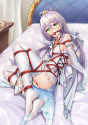 Rule 34 | 1girl, absurdres, arms behind back, bare shoulders, bdsm, bed, blurry, blurry background, bondage, bound, breasts, commentary request, curtains, detached sleeves, dress, gag, gagged, green eyes, hair between eyes, highres, indoors, looking at viewer, low twintails, luo tianyi, lying, no panties, on side, pussy juice, red rope, restrained, rope, sideboob, sidelocks, silver hair, small breasts, solo, tearing up, thighhighs, twintails, vocaloid, white dress, white thighhighs, wiffle gag, yiduan zhu