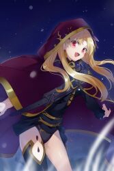 Rule 34 | 1girl, black dress, black leotard, black thighhighs, blonde hair, bow, breasts, cape, detached collar, dress, earrings, echo (circa), ereshkigal (fate), fate/grand order, fate (series), gold trim, hair bow, hood, hood up, hooded cape, hoop earrings, jewelry, leotard, long hair, looking at viewer, medium breasts, open mouth, parted bangs, red eyes, short dress, single sleeve, single thighhigh, skull ornament, smile, solo, spine, thighhighs, thighs, tiara, two side up