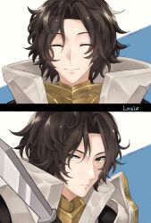 Rule 34 | 1boy, armor, black hair, closed eyes, closed mouth, fire emblem, fire emblem engage, furrowed brow, green eyes, highres, ku ra 41, light smile, looking at viewer, louis (fire emblem), male focus, nintendo, short hair, shoulder armor, simple background, solo