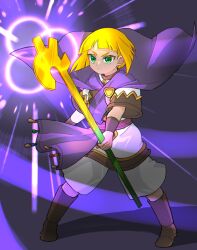 Rule 34 | 05a7w, 1girl, blonde hair, boots, cape, closed mouth, commentary, full body, golden sun, green eyes, highres, holding, holding staff, sheba (golden sun), short hair, solo, staff