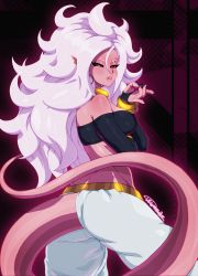 Rule 34 | 1girl, android 21, baggy pants, black sclera, breasts, colored sclera, colored skin, dragon ball, dragon ball fighterz, from side, harem pants, highres, looking at viewer, majin android 21, nail polish, pants, parted lips, pink skin, red eyes, solo, strapless, tail, tube top, white hair