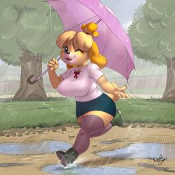 Rule 34 | 1girl, :3, animal crossing, animal ears, artist name, black thighhighs, blonde hair, blue eyes, blue skirt, blush stickers, boots, breasts, claws, covered erect nipples, dog ears, dog girl, dog tail, fang, female focus, full body, furry, furry female, grass, green footwear, grey sky, hair tie, hand up, happy, holding, isabelle (animal crossing), kevinsano, large breasts, looking at viewer, miniskirt, neck ribbon, nintendo, one eye closed, open mouth, outdoors, pencil skirt, puddle, rain, red ribbon, ribbon, running, shirt, short hair, short sleeves, signature, skirt, sky, smile, solo, tail, thighhighs, topknot, tree, umbrella, wet, white shirt, wink, zettai ryouiki