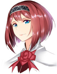 Rule 34 | 1girl, absurdres, ark royal (kancolle), blue eyes, blunt bangs, bob cut, close-up, closed mouth, eyelashes, flower, highres, inverted bob, kantai collection, kome cola, lips, portrait, red flower, red hair, red ribbon, red rose, ribbon, rose, short hair, solo, tiara, white background