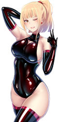 Rule 34 | 1girl, absurdres, arm behind head, black gloves, black leotard, black thighhighs, blonde hair, blunt bangs, breasts, brown eyes, cleavage cutout, clothing cutout, earrings, elbow gloves, gloves, hand up, highres, ibusuki, jewelry, large breasts, latex, latex gloves, latex legwear, latex leotard, latex thighhighs, leotard, looking at viewer, mole, mole under mouth, one eye closed, original, parted lips, ponytail, short hair, short ponytail, sidelocks, simple background, smile, solo, thighhighs, thighs, v-shaped eyebrows, w, white background