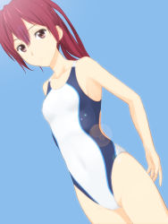 Rule 34 | 1girl, bad id, bad pixiv id, breasts, competition swimsuit, highres, long hair, matsuoka gou, one-piece swimsuit, ponytail, red eyes, red hair, revision, small breasts, solo, standing, swimsuit, takafumi