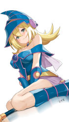 Rule 34 | absurdres, bare shoulders, between legs, blonde hair, blue footwear, blue hat, blush, boots, breasts, brooch, cleavage, closed mouth, covered erect nipples, dark magician girl, detached collar, dress, duel monster, dutch angle, gloves, green eyes, hair between eyes, hand between legs, hat, highres, jewelry, knee boots, large breasts, long hair, looking at viewer, off-shoulder dress, off shoulder, oz ma33, signature, simple background, sitting, smile, staff, v arms, wand, wariza, wizard hat, yu-gi-oh!