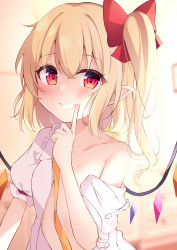 Rule 34 | 1girl, absurdres, blonde hair, blush, bow, clenched teeth, commentary request, crystal, flandre scarlet, flat chest, hair bow, highres, index finger raised, long hair, looking at viewer, miy@, pointy ears, red bow, red eyes, shirt, short sleeves, side ponytail, smile, solo, teeth, touhou, upper body, white shirt, wings