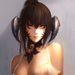 Rule 34 | 1girl, au ra, warrior of light (ff14), bare shoulders, black hair, breasts, brown eyes, chaosringen, cleavage, closed mouth, commission, facepaint, final fantasy, final fantasy xiv, grey background, hair between eyes, heart, highres, horns, long hair, looking at viewer, medium breasts, original, ponytail, solo, upper body, yellow eyes