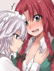 Rule 34 | 2girls, ^^^, asa (coco), blue eyes, blush, bow, braid, breasts, cleavage, collared shirt, commentary request, dress shirt, eyebrows, hong meiling, izayoi sakuya, large breasts, long hair, long sleeves, maid, maid headdress, multiple girls, no headwear, no headwear, open mouth, profile, red hair, shirt, short hair, silver hair, surprised, sweatdrop, touhou, twin braids, undressing, upper body, yuri