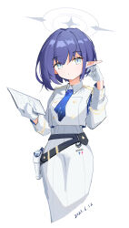 Rule 34 | absurdres, aoi (blue archive), blue archive, blue eyes, blue hair, blue necktie, halo, highres, holster, long skirt, looking at viewer, m mmig, necktie, pointy ears, school uniform, shirt, short hair, skirt, thigh holster, white shirt, white skirt