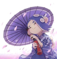 Rule 34 | 1girl, back bow, blue hair, bow, cephalopod eyes, closed mouth, commentary request, earrings, falling petals, gradient background, highres, holding, holding weapon, japanese clothes, jewelry, kimono, looking at viewer, medium hair, multiple earrings, nintendo, octoling, petals, purple background, recycled brella 24 (splatoon), red eyes, shiver (splatoon), smile, solo, splatoon (series), splatoon 3, tara sli, tentacle hair, thick eyebrows, tooth earrings, two-tone background, weapon, white background