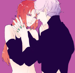 1boy 1girl angelo_sauper bad_id bad_pixiv_id gundam gundam_unicorn interlocked_fingers long_hair marida_cruz nail_polish orange_hair purple_eyes silver_hair snj