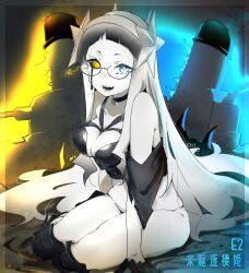 Rule 34 | 1girl, absurdres, abyssal ship, american destroyer princess, bare shoulders, black hair, black sclera, blue eyes, breasts, character name, choker, colored sclera, colored skin, glasses, gloves, grey hair, hair ornament, heterochromia, highres, kantai collection, long hair, looking at viewer, ma rukan, medium breasts, mismatched sclera, multicolored hair, open mouth, panties, signature, skindentation, solo, star (symbol), star hair ornament, underwear, very long hair, white hair, yellow eyes