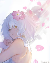 Rule 34 | 1girl, armpits, back, bare shoulders, blush, commentary, ears visible through hair, flower, from side, hair flower, hair ornament, hand up, highres, isshiki (ffmania7), kudou chitose, looking at viewer, medium hair, nijisanji, parted lips, petals, signature, sleeveless, solo, symbol-only commentary, twitter username, upper body, virtual youtuber, white background, white hair, yellow eyes