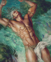 Rule 34 | 1boy, abs, absurdres, aenaluck, bara, completely nude, covering privates, covering crotch, facial hair, fish, grey hair, highres, large pectorals, lying, male focus, master (aenaluck), muscular, muscular male, navel, nipples, nude, on back, original, partially submerged, pectorals, short hair, smile, solo, thick thighs, thighs, water