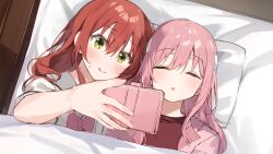 Rule 34 | 2girls, ai-assisted, blush, bocchi the rock!, cellphone, closed eyes, closed mouth, commentary request, gotoh hitori, green eyes, hair between eyes, head on pillow, highres, holding, holding phone, jacket, kadohusa ginpo, kita ikuyo, long hair, multiple girls, open mouth, phone, pink hair, pink jacket, red hair, selfie, sidelocks, sleeping, smartphone, smile, sweatdrop, under covers, wide-eyed, yuri