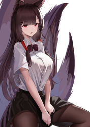 Rule 34 | 1girl, absurdres, akagi (azur lane), animal ears, azur lane, black skirt, bow, breasts, brown bow, brown hair, brown pantyhose, brown tail, highres, kitsune, lahz52, large breasts, long hair, looking at viewer, miniskirt, multiple tails, pantyhose, pleated skirt, red eyes, shirt, short sleeves, skirt, solo, tail, v arms, white shirt