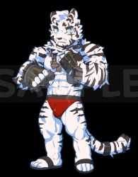 Rule 34 | 1boy, abs, acrylic stand, alternate costume, animal ears, arknights, bandaged hand, bandages, bara, beard, blue eyes, bulge, clenched hands, deformed, facial hair, full body, furry, furry male, highres, large hands, light blush, long sideburns, looking at viewer, male focus, male swimwear, mountain (arknights), muscular, muscular male, navel, navel hair, pectorals, red male swimwear, sample watermark, scar, scar across eye, scar on arm, short hair, sideburns, slippers, solo, stomach, strongman waist, swim briefs, tail, tail ornament, tail ring, thick eyebrows, thick thighs, thighs, tiger boy, tiger ears, tiger tail, topless male, uza (hellme), watermark, white fur, white hair