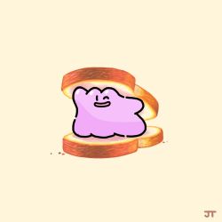 Rule 34 | black eyes, bread, commentary, creatures (company), ditto, food, game freak, gen 1 pokemon, highres, james turner, looking at viewer, nintendo, no humans, one eye closed, open mouth, pokemon, pokemon (creature), sandwich, signature, smile, solid oval eyes, solo, yellow background