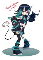 Rule 34 | 1girl, nanashi inc., absurdres, asymmetrical gloves, belt, belt bra, black footwear, black gloves, black hair, black jacket, black skirt, blue belt, blue hair, blue panties, blue socks, blush, chest belt, clothing cutout, commentary request, contrapposto, cropped jacket, cross-laced clothes, cross-laced sleeves, demon girl, demon horns, demon tail, flat chest, full body, garter straps, gloves, grey skirt, grin, hand on own hip, heart, highleg, highleg panties, highres, horns, jacket, layered skirt, long hair, long sleeves, looking at viewer, midriff, multicolored hair, navel, open clothes, open jacket, panties, partially fingerless gloves, pointing, pointing to the side, pointy ears, red eyes, shishio chris, shoes, shoulder cutout, simple background, single thighhigh, skirt, smile, sneakers, socks, solo, standing, sugar lyric, tail, tengu nimuru, thighhighs, translation request, two-tone hair, underwear, virtual youtuber, white background, zipper