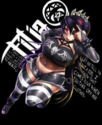 Rule 34 | 1girl, alternate costume, black lips, bracelet, breasts, chain, cutoffs, dutch angle, english text, eyeliner, eyeshadow, filia (skullgirls), glowing, glowing eyes, goth fashion, highres, jewelry, large breasts, lipstick, makeup, middle finger, navel piercing, one eye closed, open mouth, piercing, plump, red eyes, revision, ring, samson (skullgirls), shoes, skullgirls, sneakers, solo, spiked bracelet, spikes, striped clothes, striped thighhighs, thick thighs, thighhighs, thighs, thong, tillshitposting, tongue, tongue out