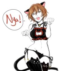 Rule 34 | 1girl, :3, animal ears, bell, black panties, black thighhighs, bob cut, brown eyes, cat cutout, cat ears, cat girl, cat lingerie, cat tail, cleavage cutout, clothing cutout, collar, commentary, cowboy shot, english commentary, fake animal ears, fake tail, jingle bell, meiko (vocaloid), meme attire, messy hair, neck bell, open mouth, panties, paw pose, romaji text, ryllen, simple background, sketch, solo, speech bubble, tail, teeth, thighhighs, underwear, upper teeth only, vocaloid