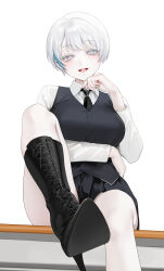Rule 34 | 1girl, arm under breasts, boots, breasts, grey eyes, grey hair, high heel boots, high heels, highres, large breasts, looking at viewer, multicolored hair, necktie, ohisashiburi, open mouth, original, pleated skirt, short hair, sitting, skirt, solo, streaked hair