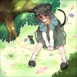 Rule 34 | 1girl, animal ears, bad id, bad pixiv id, capelet, dress, female focus, grass, hyouka (rat hut), jewelry, koori hana, mouse (animal), mouse ears, mouse tail, nazrin, pendant, sitting, smile, solo, tail, touhou, tree, v arms