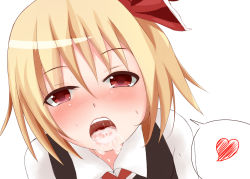 Rule 34 | 1girl, blonde hair, bow, cum, cum, facial, hyaa, looking at viewer, open mouth, red eyes, rumia, saliva, short hair, simple background, touhou, white background
