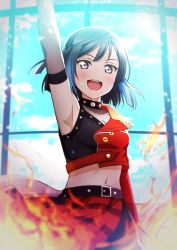 Rule 34 | 1girl, absurdres, alternate hairstyle, arm up, asymmetrical clothes, asymmetrical jacket, belt, black hair, breasts, cleavage, commentary, covered collarbone, dive! (love live!), elbow gloves, fire, gloves, grey eyes, highres, kougi hiroshi, kusunoki tomori, looking at viewer, love live!, love live! nijigasaki high school idol club, midriff, navel, short hair, side ponytail, sidelocks, small breasts, solo, sweat, voice actor connection, yuki setsuna (love live!)