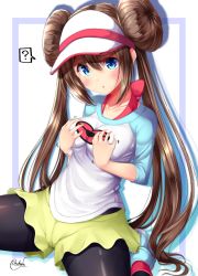 Rule 34 | ?, black pantyhose, blue eyes, blush, breasts, brown hair, creatures (company), double bun, game freak, hair bun, hands on own breasts, highres, large breasts, looking at viewer, low twintails, mokufuu, nintendo, pantyhose, pantyhose under shorts, pokemon, pokemon bw2, rosa (pokemon), shirt, short shorts, shorts, solo, thought bubble, twintails, visor cap, yellow shorts