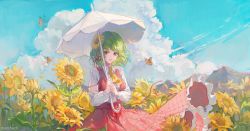 Rule 34 | 1girl, artist name, ascot, bad id, bad twitter id, blue sky, breasts, bug, butterfly, cloud, cloudy sky, collared shirt, commentary, cowboy shot, day, field, flower, flower field, green eyes, hair flower, hair ornament, highres, holding, insect, kazami yuuka, landscape, long skirt, looking at viewer, maccha (mochancc), medium breasts, mountain, outdoors, parasol, plaid, plaid skirt, plaid vest, red eyes, red skirt, red vest, scenery, shirt, short hair, skirt, skirt set, sky, smile, solo, sunflower, sunflower field, touhou, umbrella, vest, wallpaper, white shirt, wind, yellow ascot