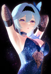 Rule 34 | 1girl, absurdres, armpits, arms up, blue hair, blush, breasts, choker, dress, elbow gloves, eula (genshin impact), genshin impact, gloves, hairband, highres, large breasts, looking at viewer, open mouth, sideboob, sigggrain, sleeveless, sleeveless dress, yellow eyes