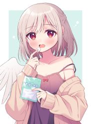 Rule 34 | 1girl, alternate costume, arms up, bag, blue background, blush, braid, brown eyes, camisole, candy, cardigan, commentary, food, french braid, holding, holding bag, kishin sagume, looking at viewer, marshmallow, off shoulder, open mouth, pink cardigan, purple camisole, short hair, silver hair, simple background, single wing, sleeves past wrists, solo, standing, strap slip, touhou, touya (konpekitou), translated, upper body, wings