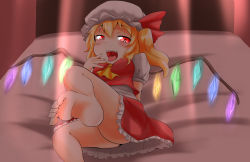 Rule 34 | 1girl, arm behind back, artist request, ascot, bare legs, barefoot, blonde hair, blush, breasts, commentary request, crystal, fangs, feet, flandre scarlet, frilled skirt, frills, glowing, glowing eyes, hand to own mouth, hat, hat ribbon, highres, leg lift, leg up, looking at viewer, lying, medium breasts, mob cap, on back, on bed, open mouth, puffy short sleeves, puffy sleeves, red eyes, red skirt, red vest, ribbon, shirt, short hair, short sleeves, side ponytail, skirt, soles, solo, toes, tongue, tongue out, touhou, vest, white shirt, wings, yellow ascot
