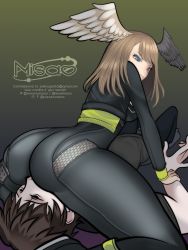 Rule 34 | 1boy, 1girl, absurdres, ass, black bodysuit, black jacket, blue eyes, bodysuit, breasts, eunie (xenoblade), face in ass, femdom, gradient background, green hoodie, head between thighs, head wings, highres, holding another&#039;s wrist, hood, hoodie, huge ass, jacket, kukukumisao, latex, latex bodysuit, leather, leather jacket, long hair, long sleeves, medium breasts, open clothes, open jacket, pinned, sitting, sitting on person, solo, thick thighs, thighs, white wings, wings, xenoblade chronicles (series), xenoblade chronicles 3