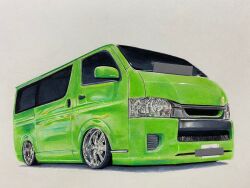 Rule 34 | bar censor, censored, censored text, commentary request, grey background, highres, license plate, momo e ihe, motor vehicle, no humans, original, shadow, simple background, stance (vehicle), toyota, toyota hiace, traditional media, van, vehicle focus